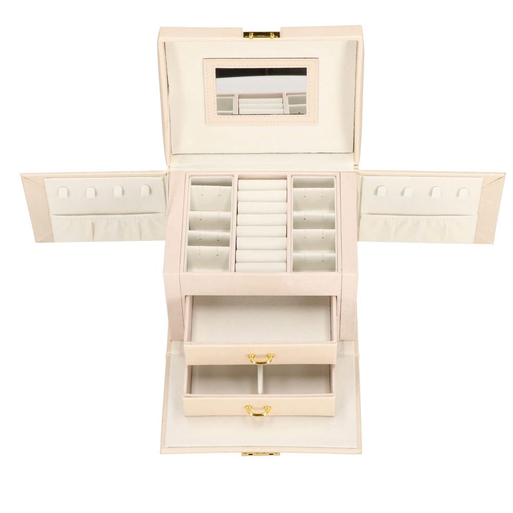 Cutie depozitare si organizare bijuterii, piele ecologica + velur, 18 x 13,5 x 14cm, crem