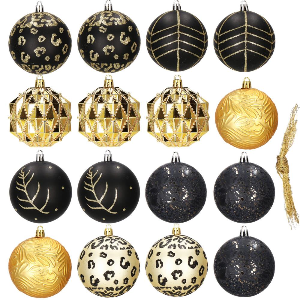 Set globuri de Craciun, 16 bucati, 8cm, 6 modele, negru auriu