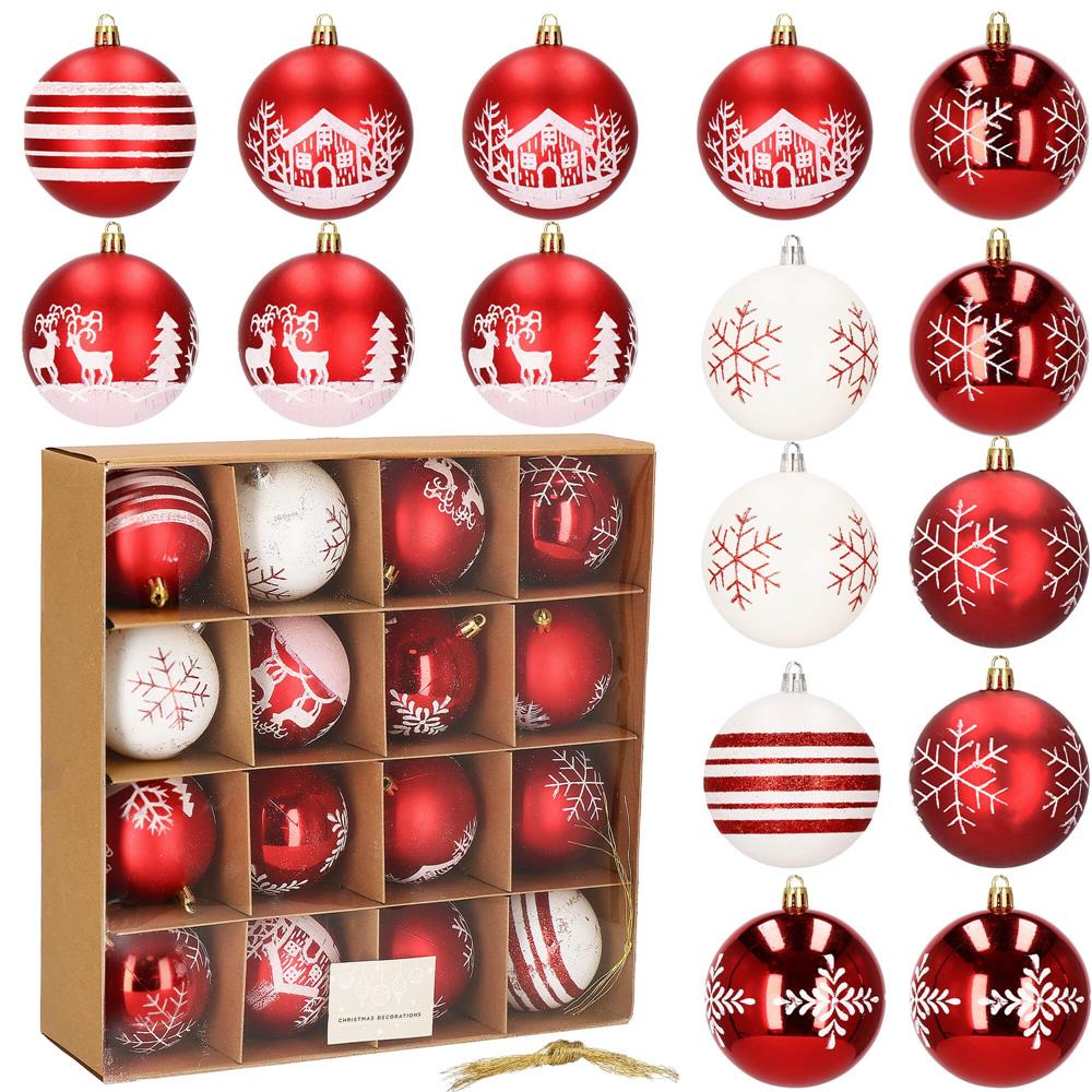 Set globuri de Craciun, 16 bucati, 8cm, 8 modele, rosu alb