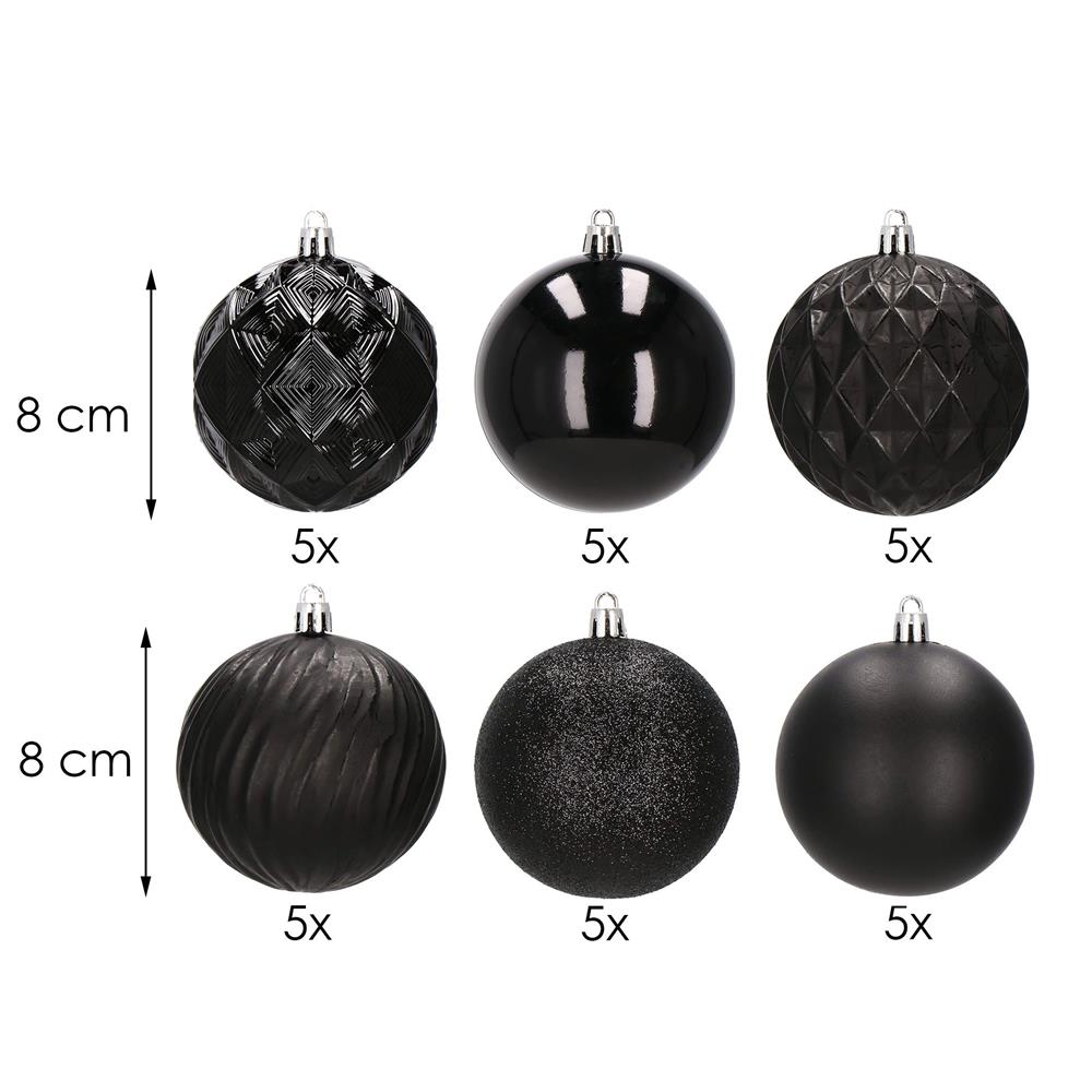 Set globuri de Craciun, 30 bucati, 8cm, 6 modele, negru