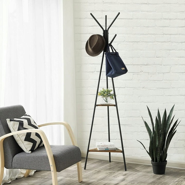VASAGLE Cuier metalic, cu ​​2 rafturi MDF, inaltime 179cm, stil industrial, maro rustic si negru