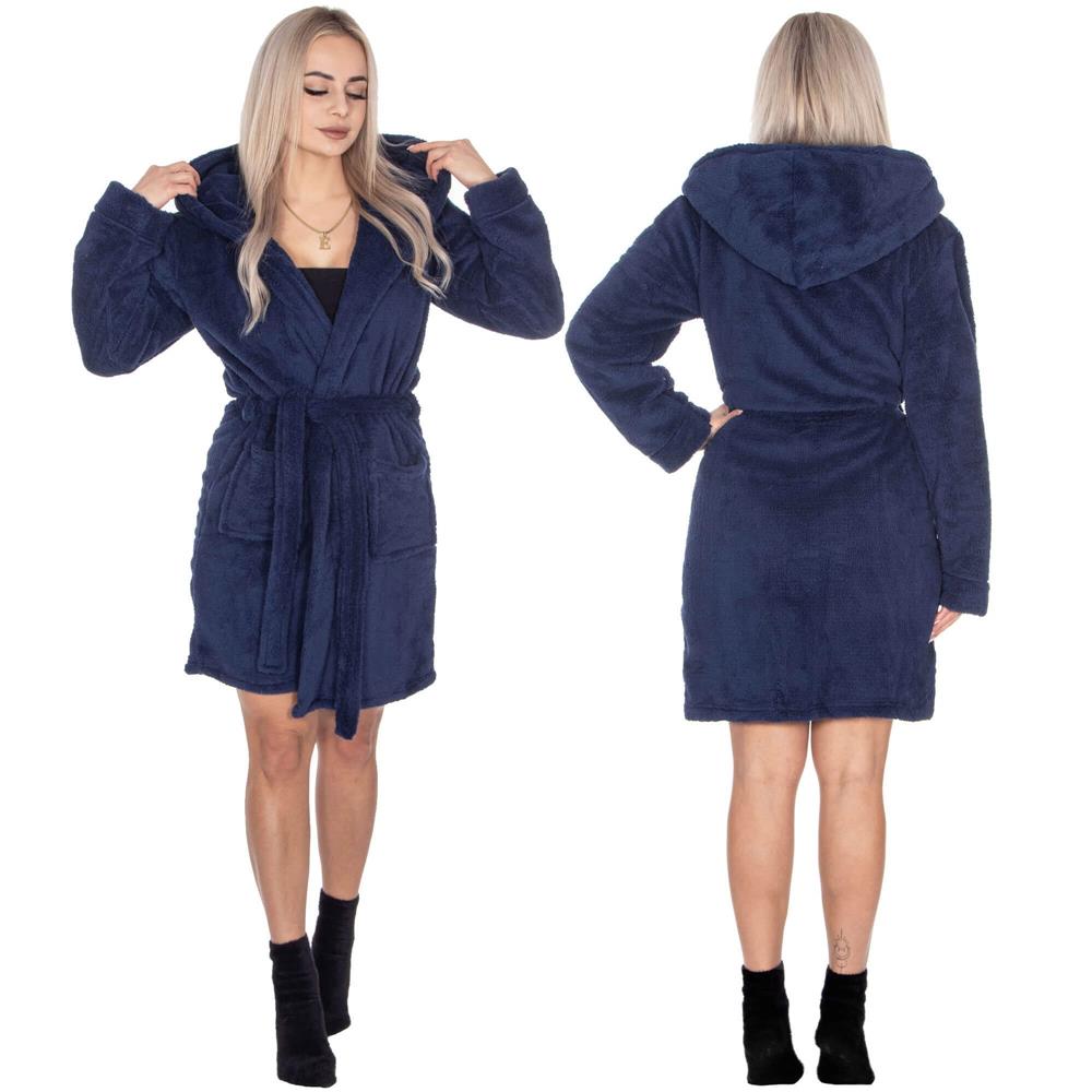 Halat de baie pentru femei pana la genunchi, cu gluga, marimea L/XL, albastru marin