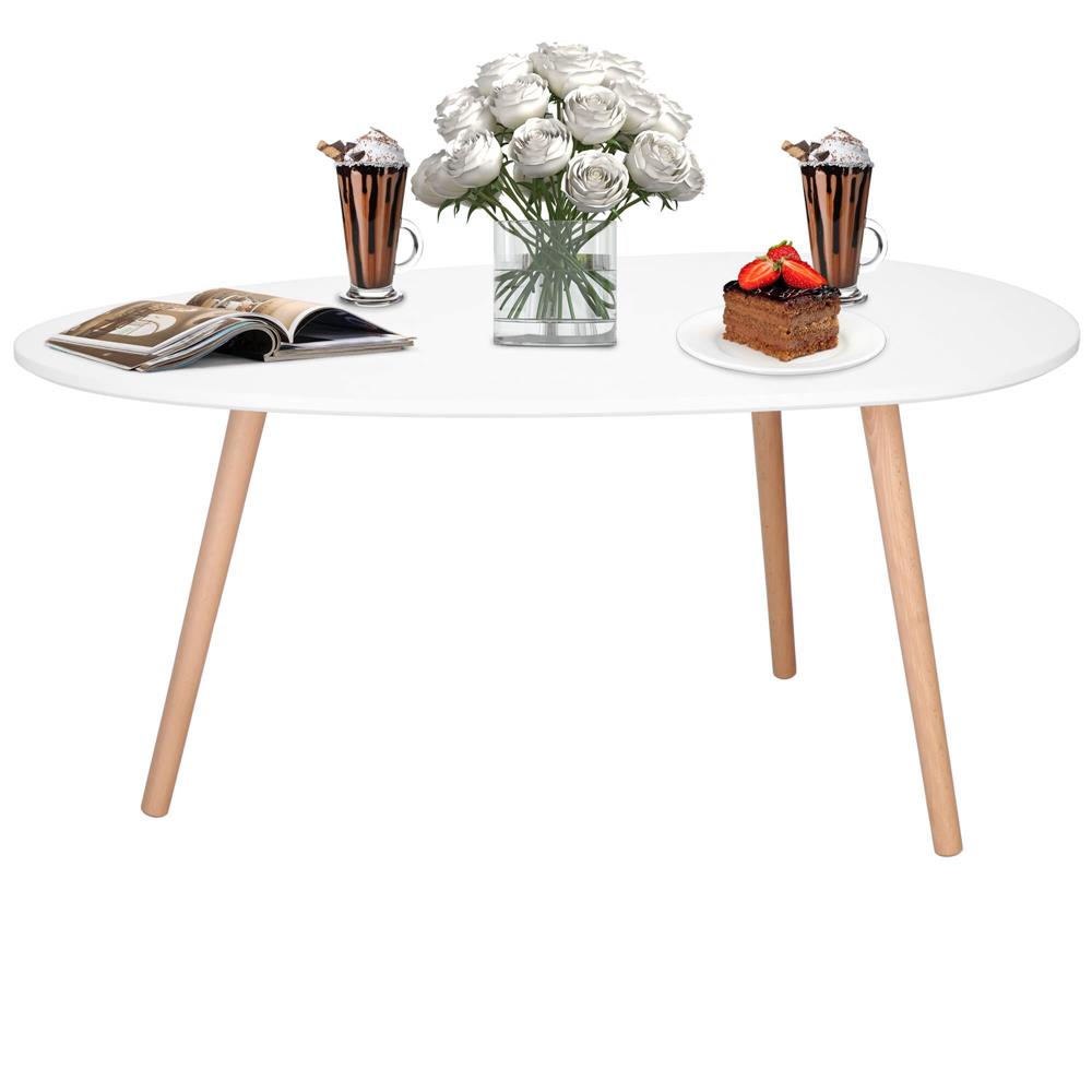 Masa de cafea, ovala, blat 100x50 cm, inaltime 48 cm, Blat MDF, Picioare lemn, Alb