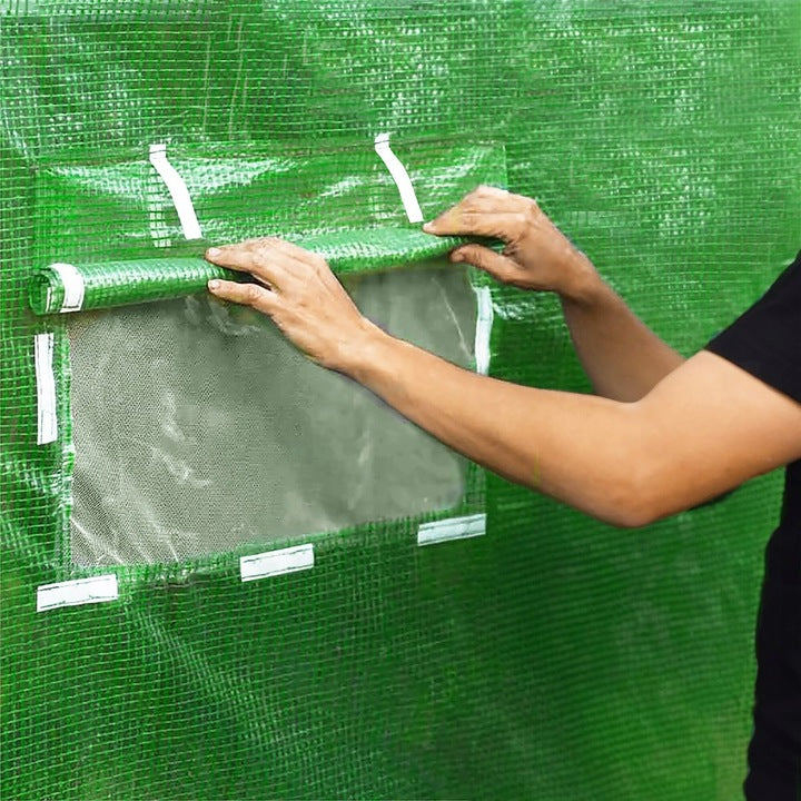 Sera de gradina, tip tunel cu cadru metalic, 300x600cm, 13 ferestre, verde, 18 mp