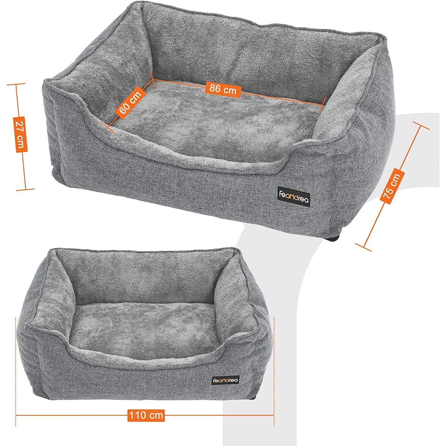 FEANDREA Pat pentru caini, cu margini groase ridicate, antiderapant, husa detasabila, XL, pentru caini mari, 110x75x27cm, gri deschis