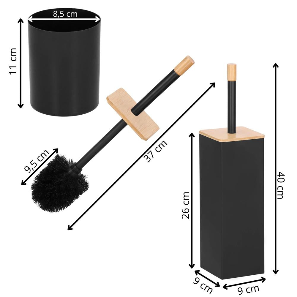 Perie WC cu rezervor detasabil si capac, din metal si bambus, 40 cm, negru