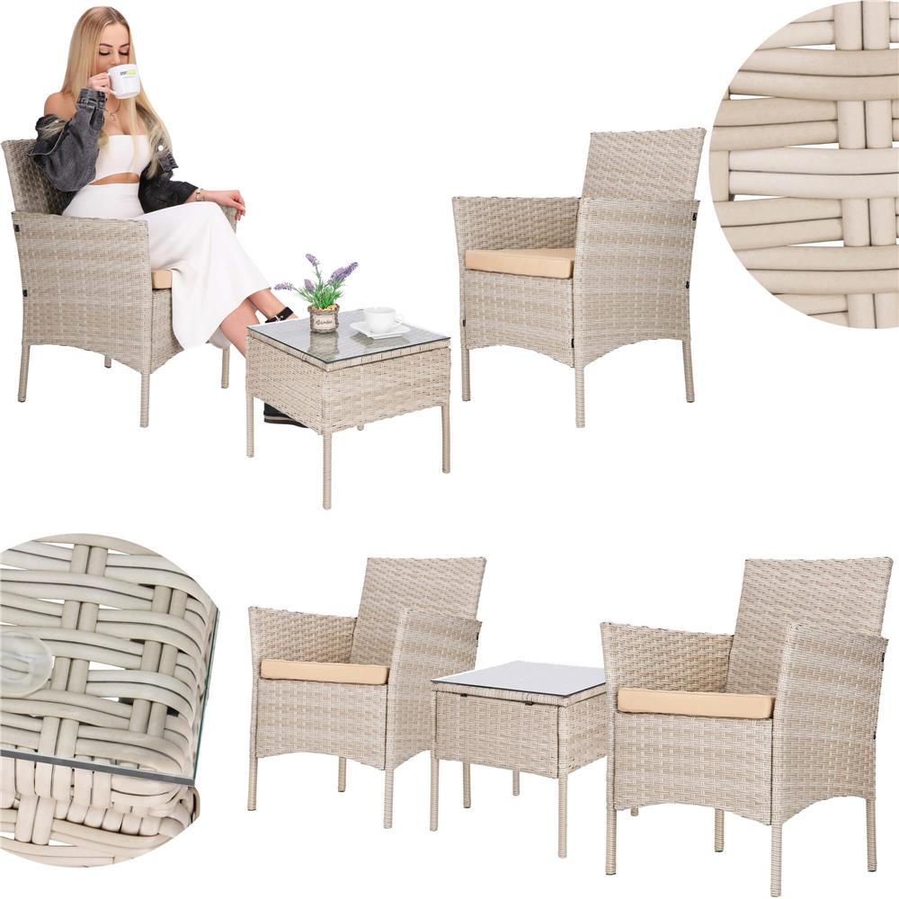 Set mobilier terasa, din tehnorattan, masa cu blat sticla securizata, 2 fotolii cu perne, bej