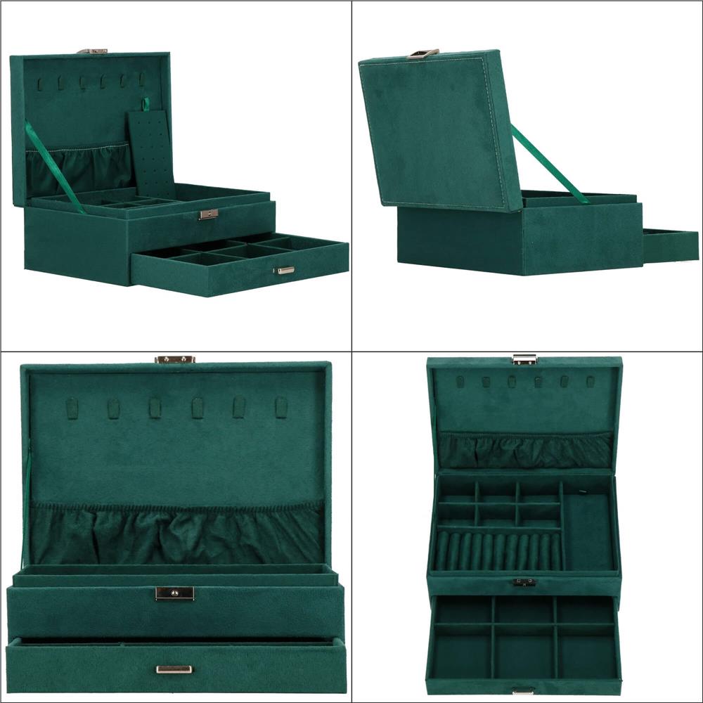 Cutie depozitare si organizare bijuterii, velur, 27 x 19 x 10,5 cm, verde