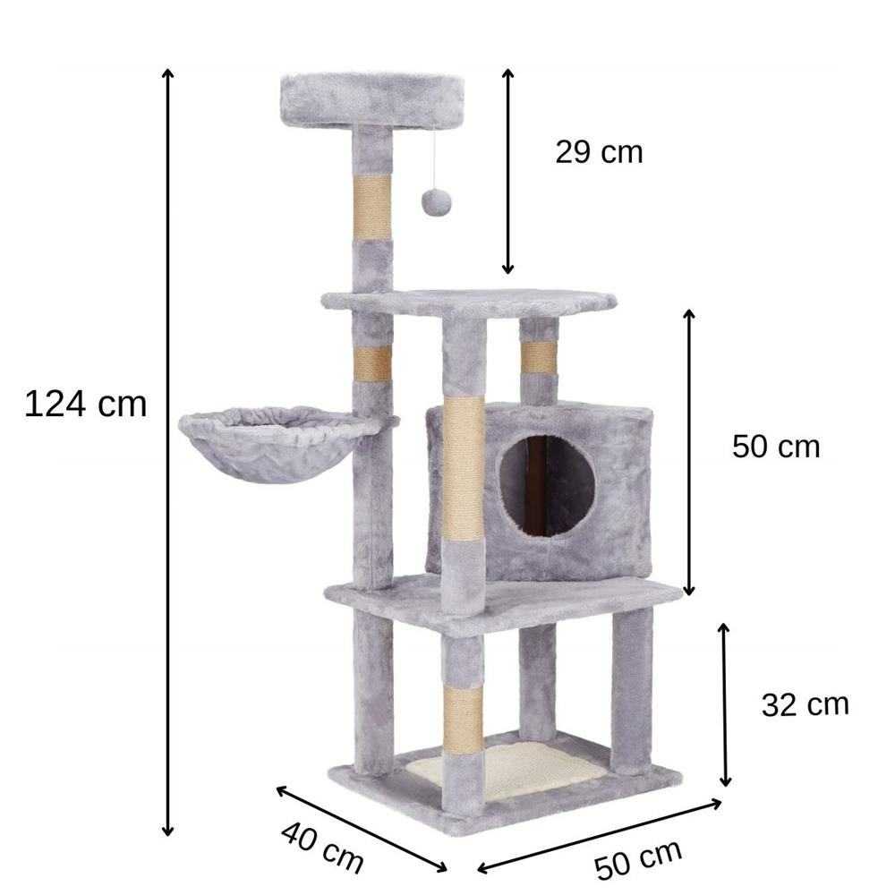 Ansamblu de joaca pentru pisici, cu loc pentru zgariat, ascuns, culcus, minge, 124cm, gri
