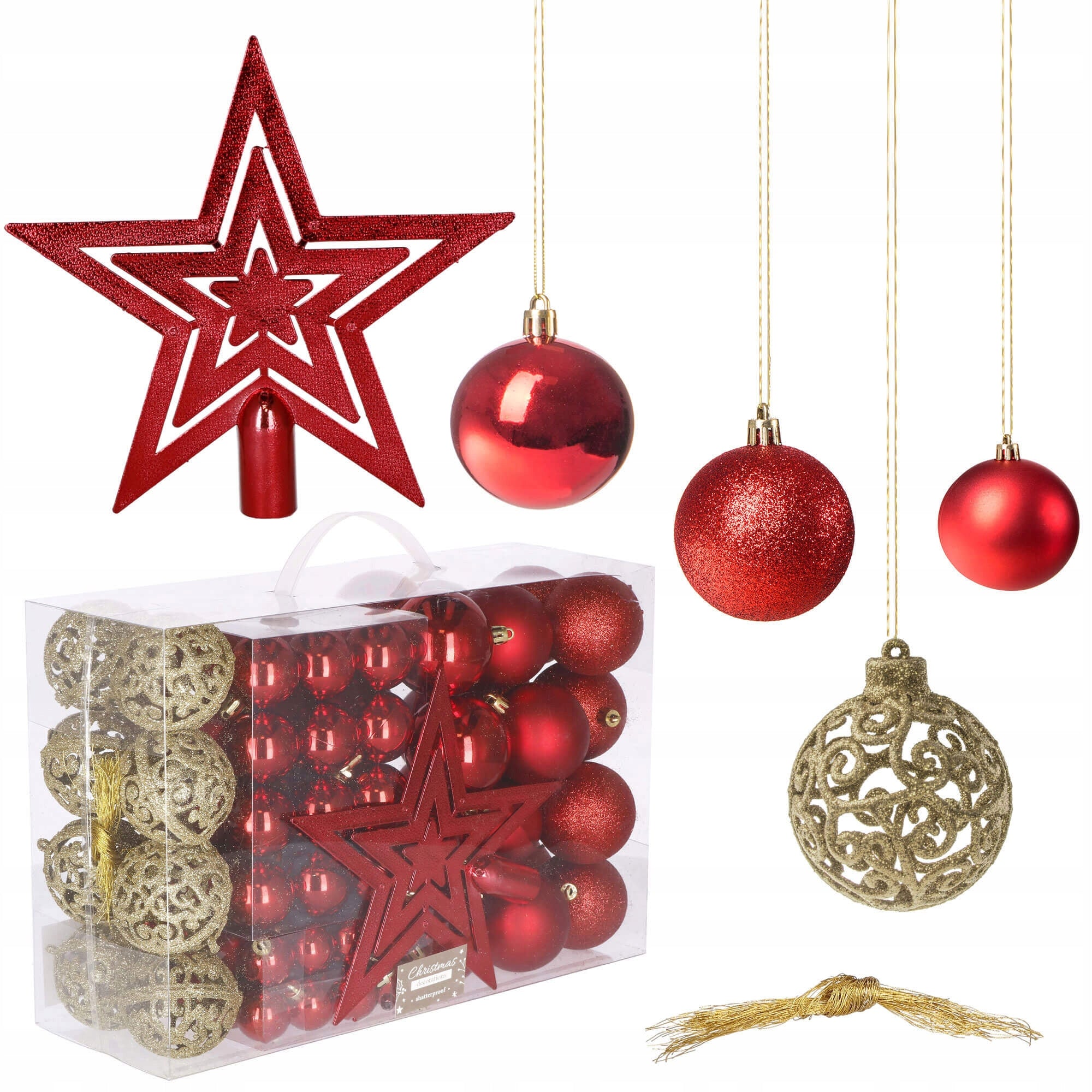 Set globuri de Craciun, 100 bucati, 3-6cm, rosu auriu