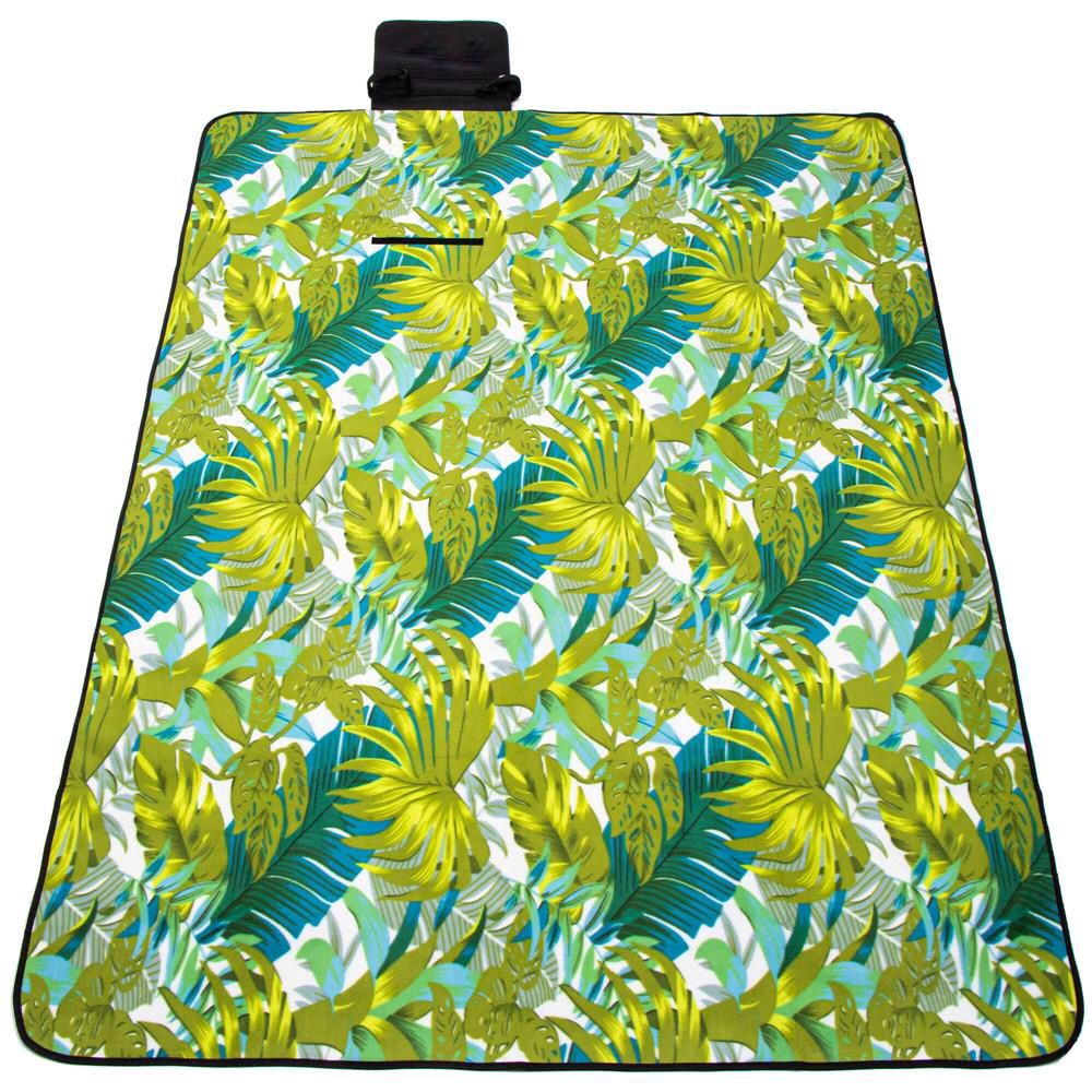 Patura pentru picnic sau plaja, cu folie izolatoare si maner, 150x200cm, model frunze, verde