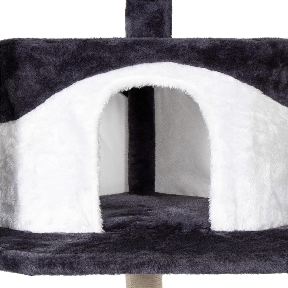 Ansamblu de joaca pentru pisici, cu loc pentru zgariat, ascuns, culcus, minge, sfoara, 203cm, gri inchis
