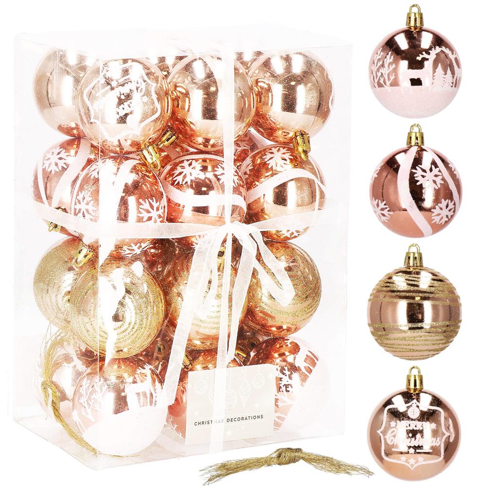Set globuri de Craciun cu modele de sarbatori, 24 bucati, 6cm, rose