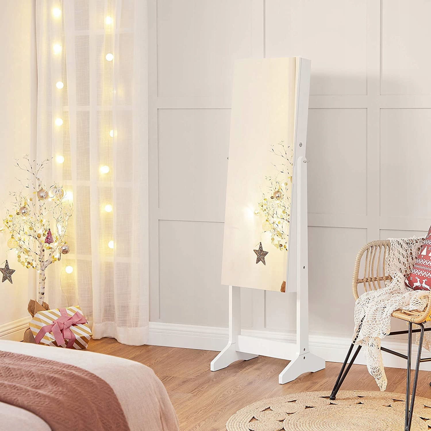 SONGMICS Oglinda de podea cu suport, design fara rama, cu spatiu de depozitare, 41x37x152cm, alb
