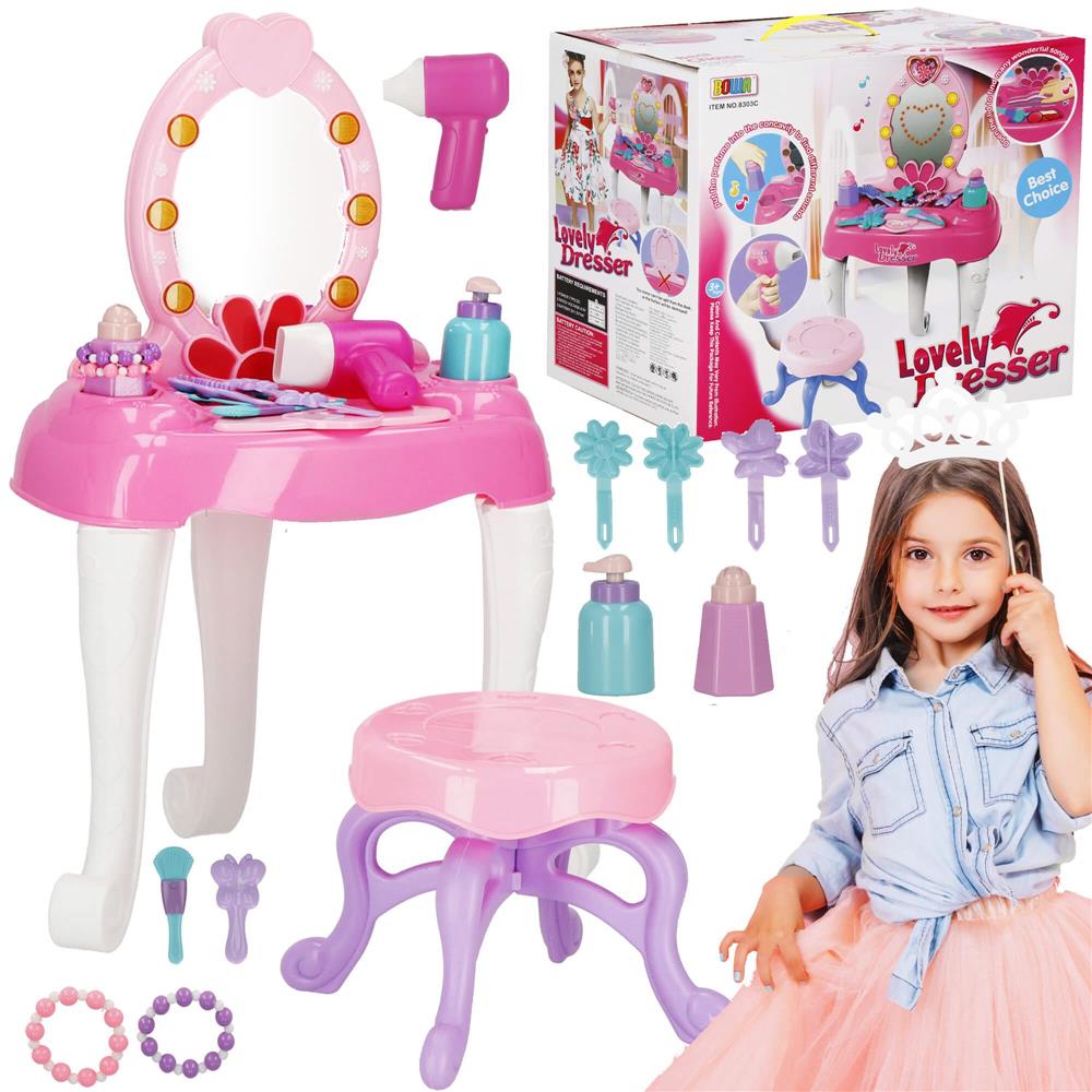 Masa toaleta pentru copii, cu taburet, 19 accesorii joaca, din plastic, 37x20x60 cm, roz