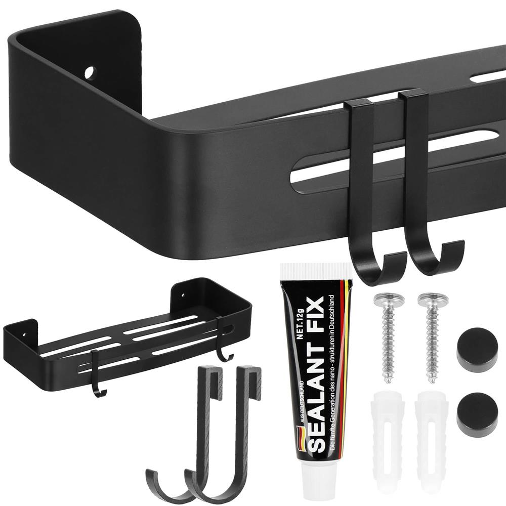Raft de baie cu 2 agatatori, 2 sisteme instalare pe perete, aluminiu, 32x12x4cm, negru