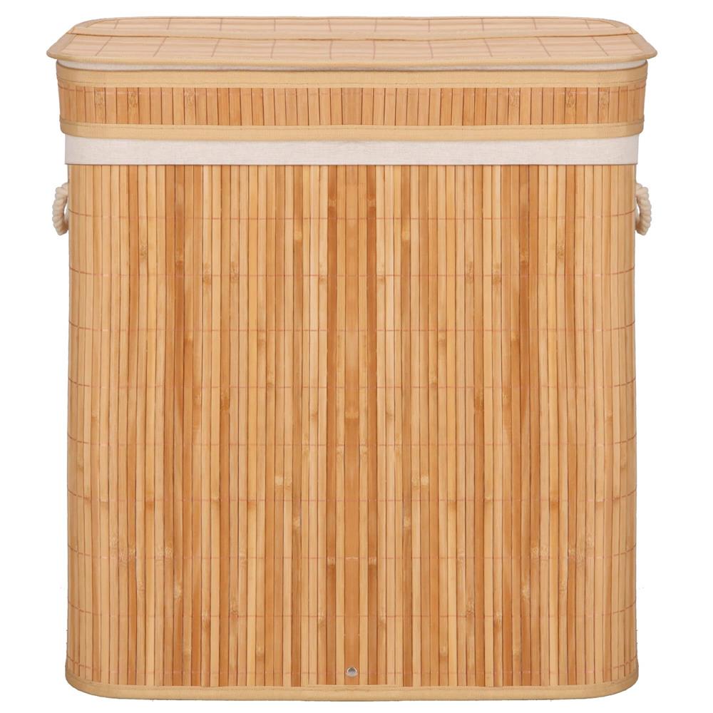 Cos de rufe din bambus cu capac, 2 compartimente, sac detasabil, volum 100L, 53x32x62cm, maro