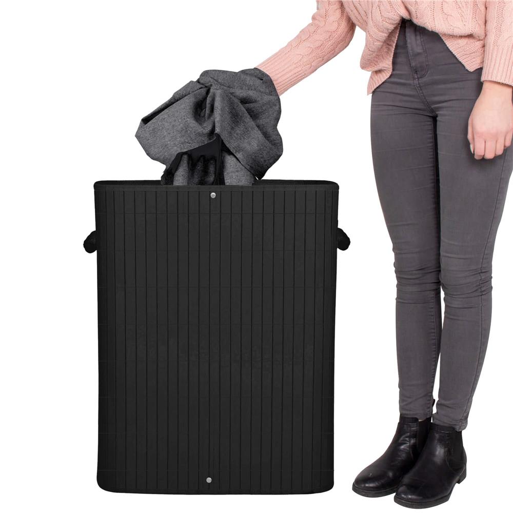 Cos de rufe din bambus cu capac, 2 compartimente, sac detasabil, volum 100L, 54x34x60cm, negru