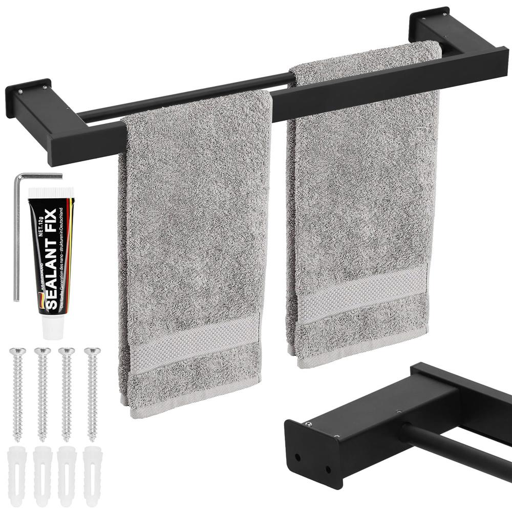 Suport prosoape pentru baie cu 2 sisteme de instalare, 2 brate, din aluminiu, 50x12cm, negru