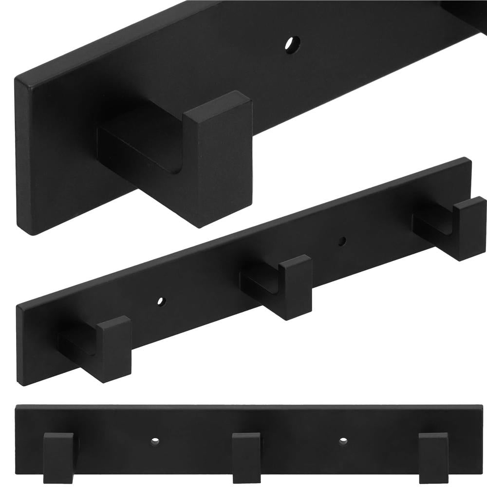 Cuier de baie pentru prosoape cu 2 sisteme instalare, aluminiu, 3 agatatori, 25x4cm, negru