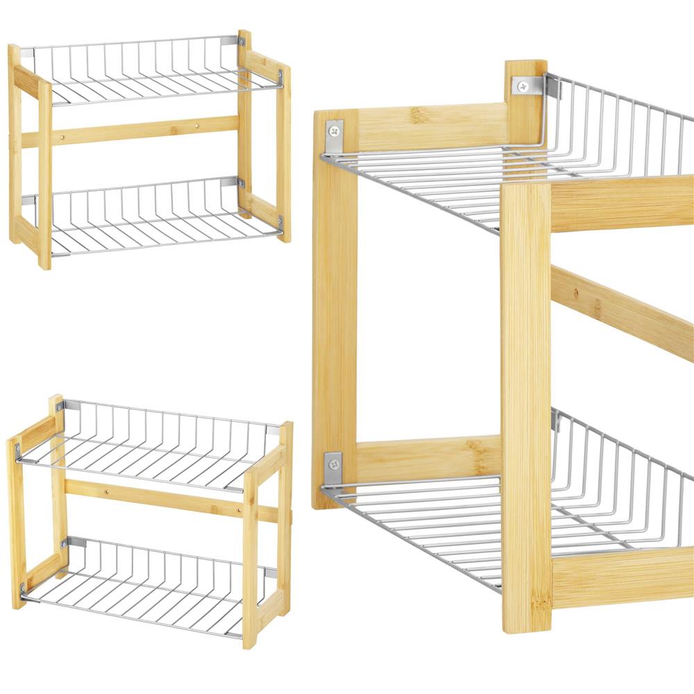 Suport organizator multifunctional cu 2 etaje, bambus si metal, 33x14x25cm