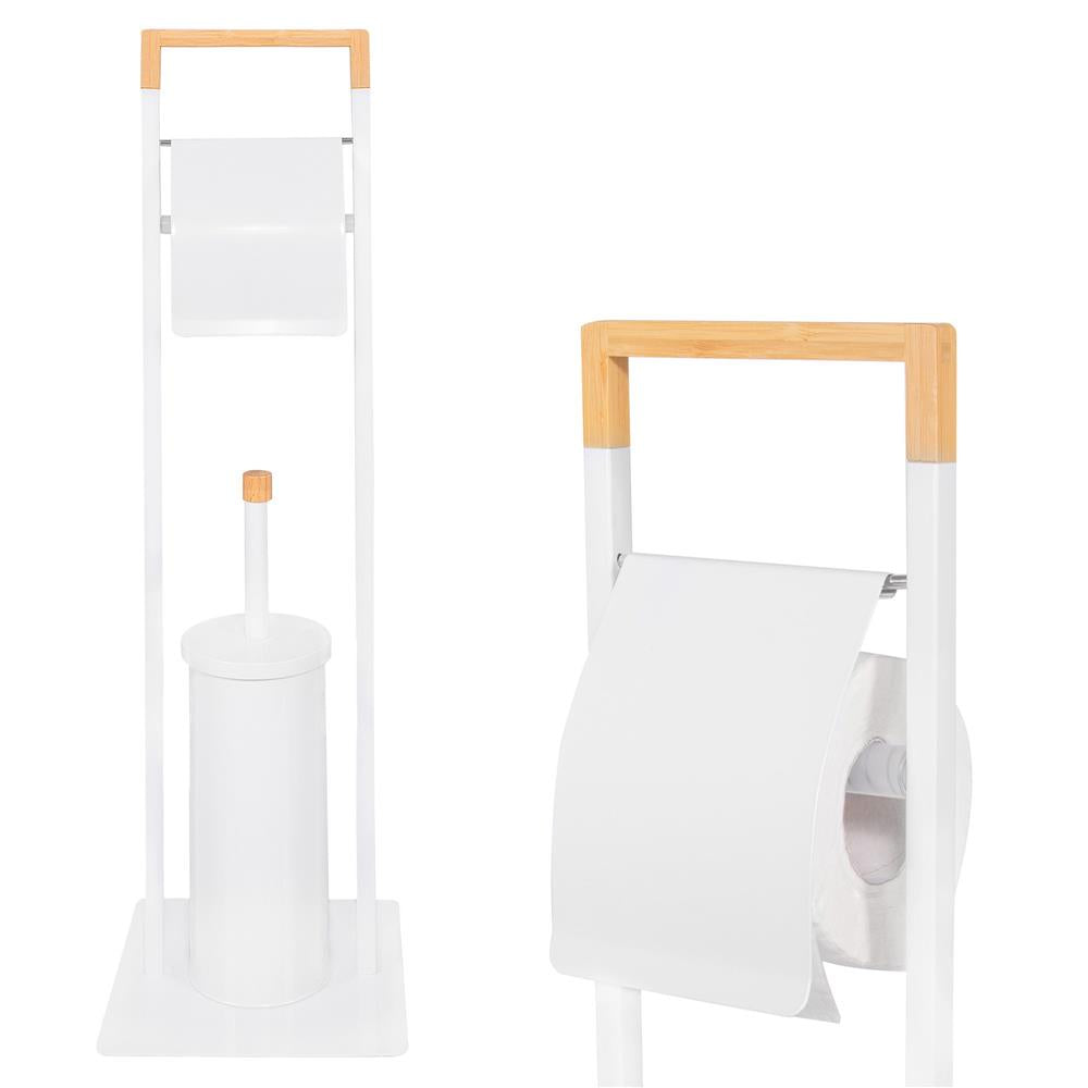 Stand cu perie WC si suport hartie igienica, metal si bambus, 74cm, alb