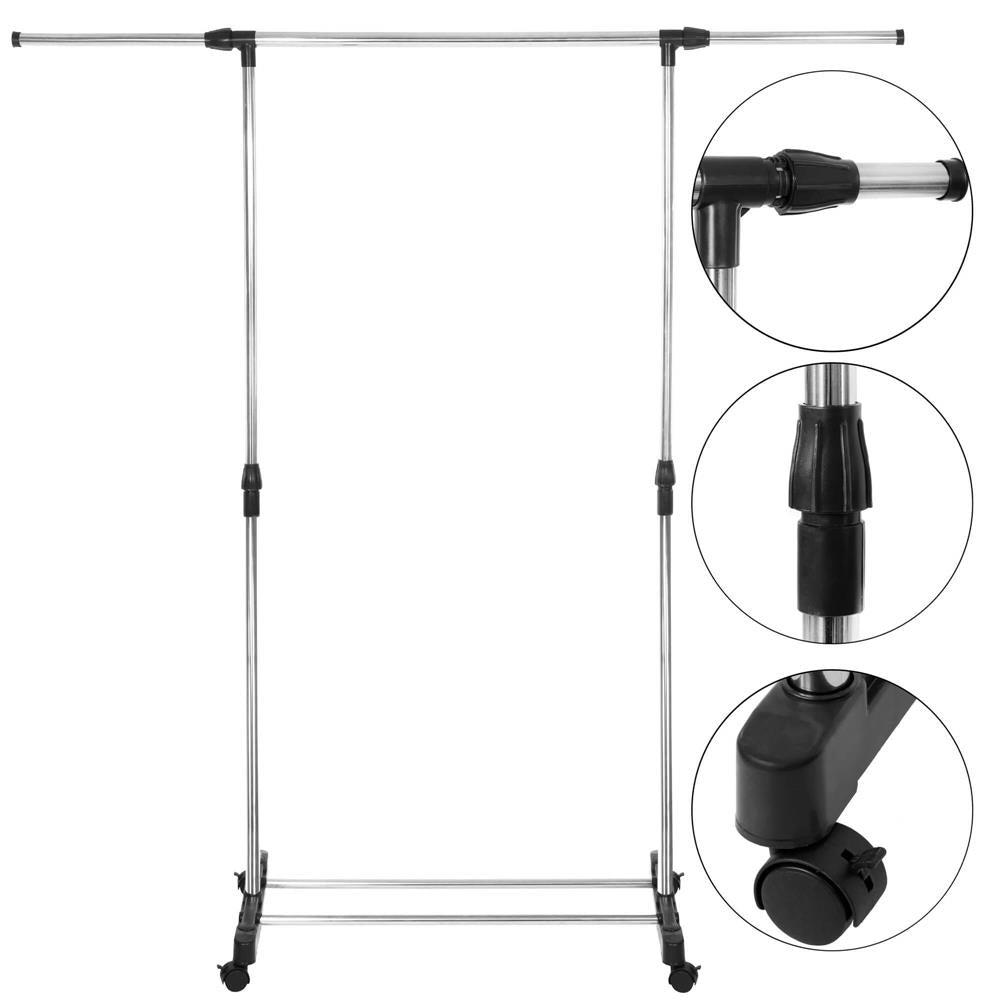 Suport pentru haine pe roti, reglabil pe inaltime si latime, din aluminiu cromat, 160x45x150cm, argintiu