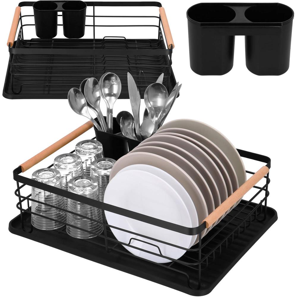 Uscator de vase cu suport tacamuri, din otel, cu tava de scurgere, manere lemn, 42x32x15cm, negru