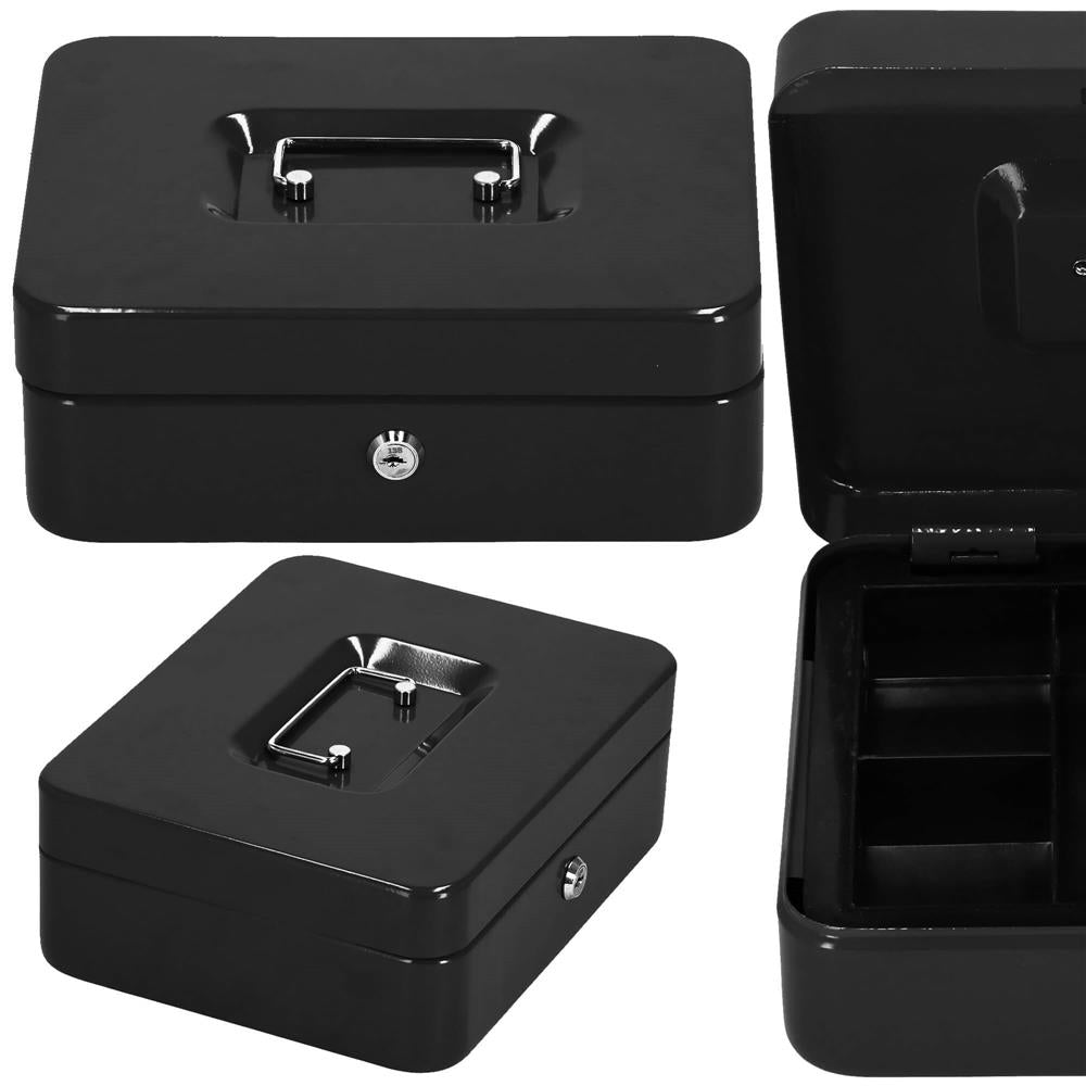 Caseta pentru bani tip cutie de valori, compartimentanta, cu cheie, metal, 25x20x9cm, negru