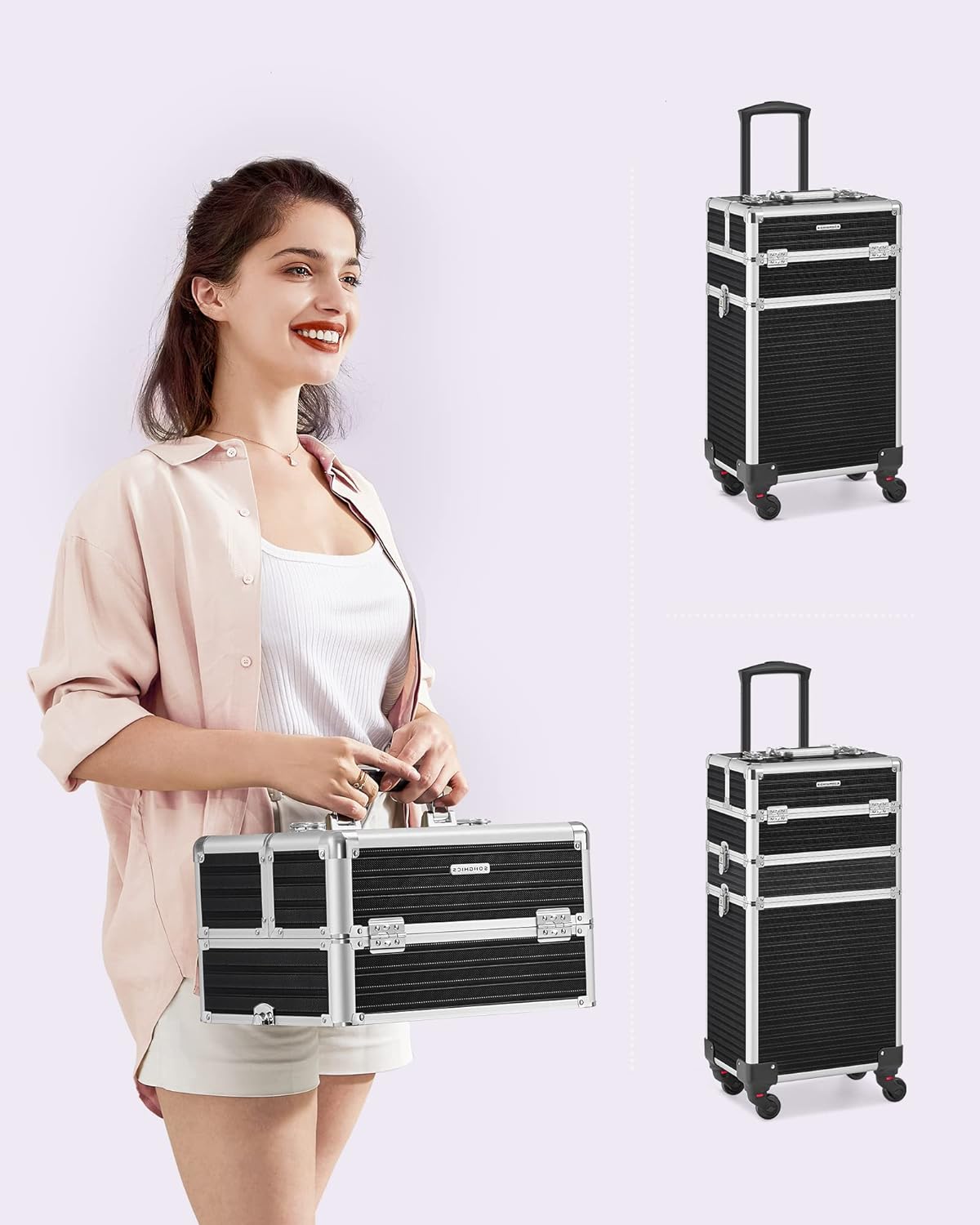 SONGMICS Valiza pentru cosmetice cu roti, profesionala, inchidere cu cheie, 24x34x70cm, negru