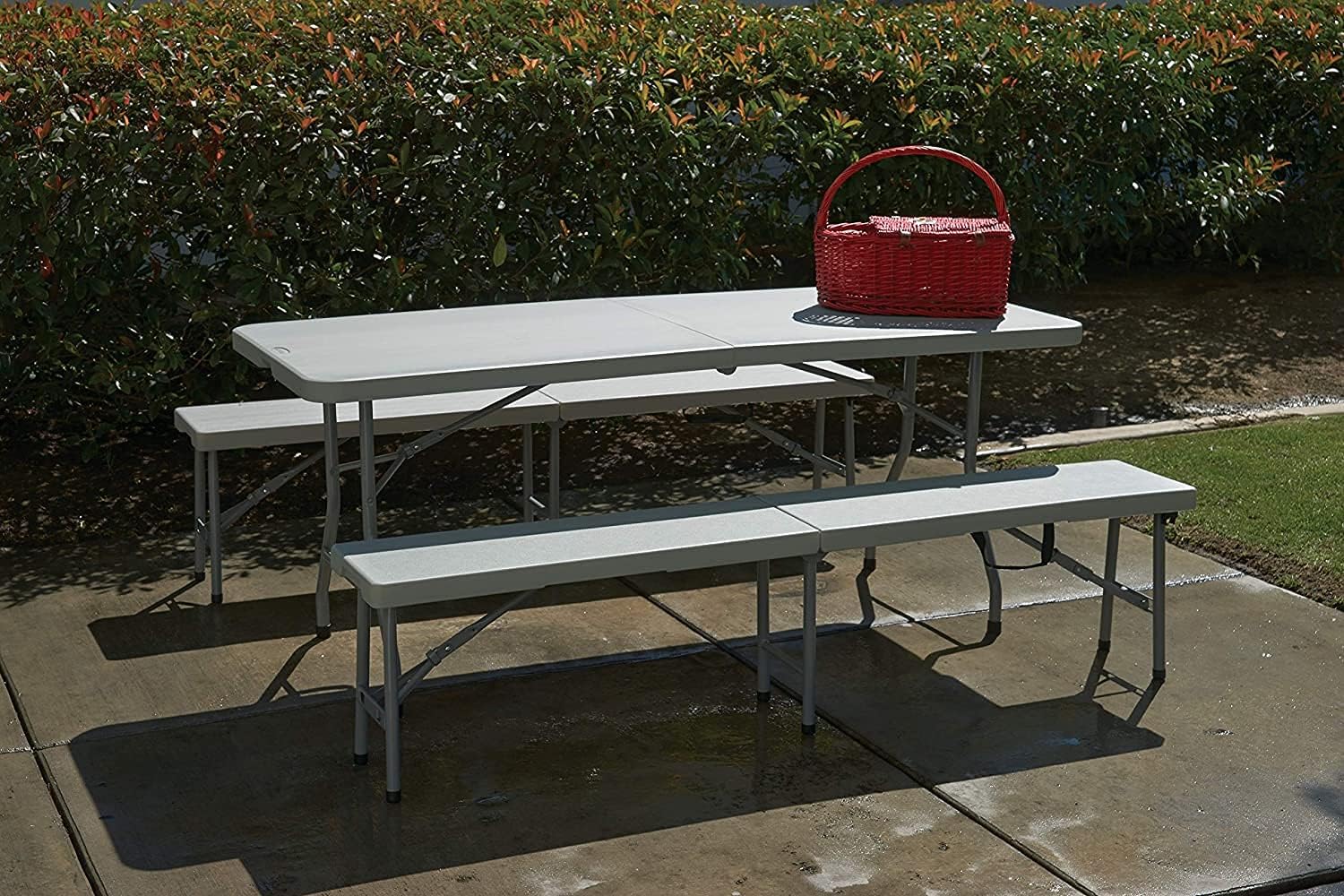 Set masa cu 2 banci pliabile tip valiza pentru gradina, camping, terase, 180x72x75cm