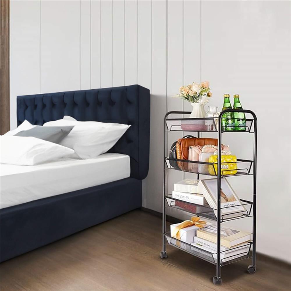 Raft metalic mobil tip carucior pentru bucatarie, 4 polite si 4 agatatori, negru, 44x26x85cm
