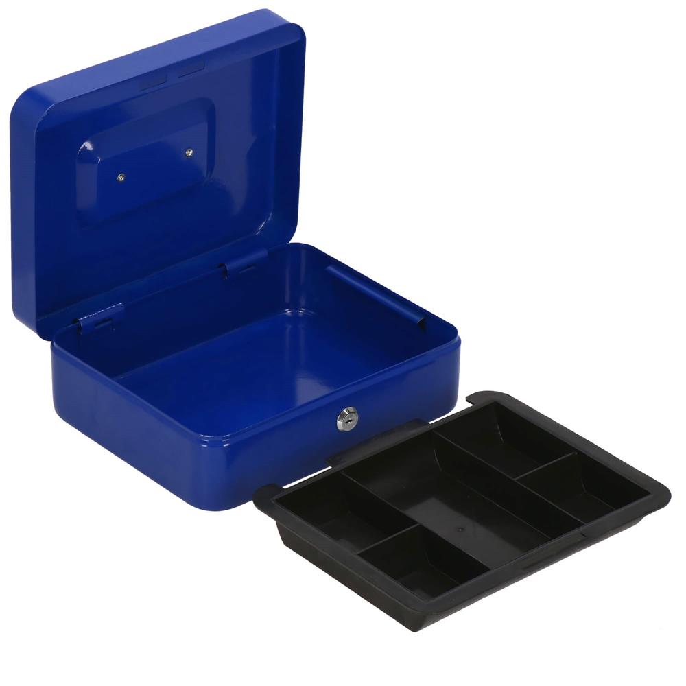 Caseta pentru bani tip cutie de valori, compartimentanta, cu cheie, metal, 25x20x9cm, albastru