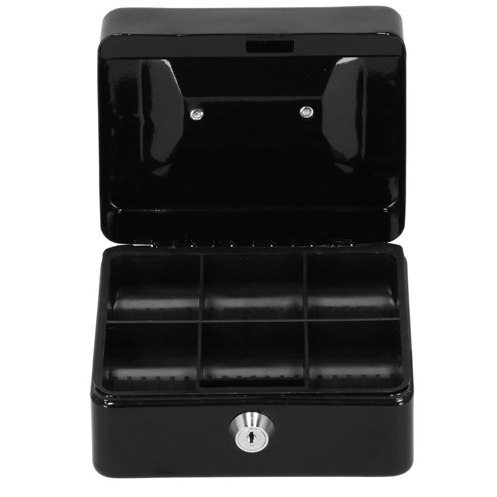 Caseta pentru bani tip cutie de valori, compartimentanta, cu cheie, metal, 15x12x8cm, negru