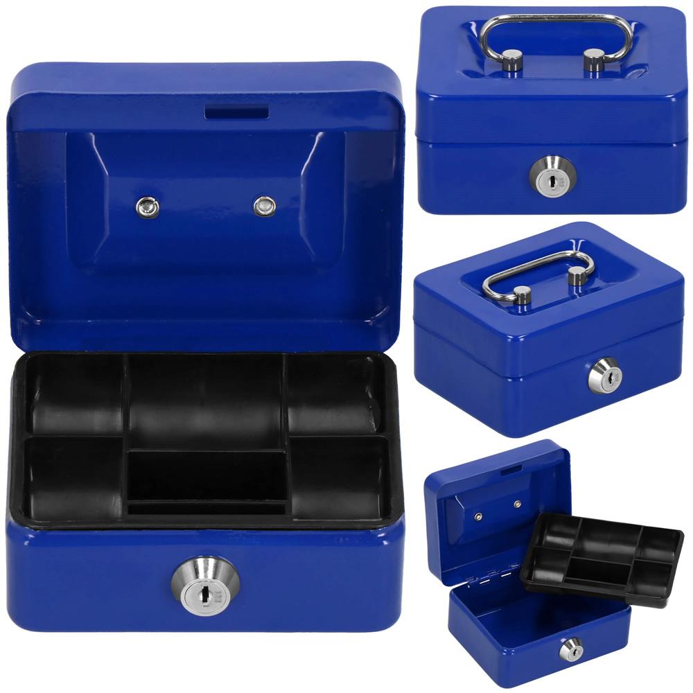 Caseta pentru bani tip cutie de valori, compartimentanta, cu cheie, metal, 12.5x9.5x6.5cm, albastru
