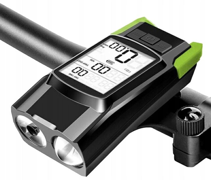 Far bicicleta 3 in 1, 2x LED 5 Wati, claxon, vitezometru, distanta, acumulator 4000mAh, USB, rezistent la apa