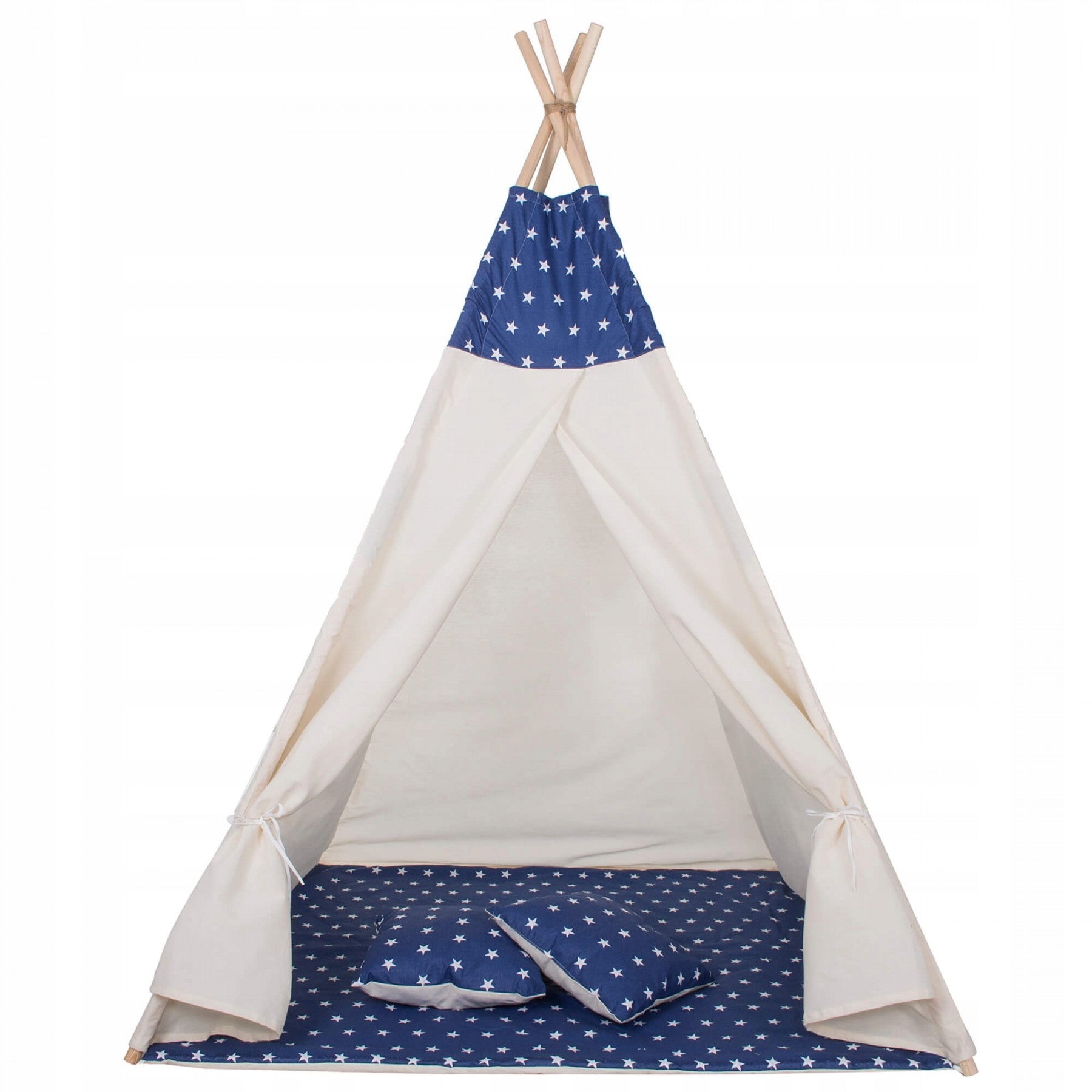 Cort copii Sersimo stil indian Teepee Tent cu fereastra, covoras gros si 2 perne, alb albastru inchis cu stelute