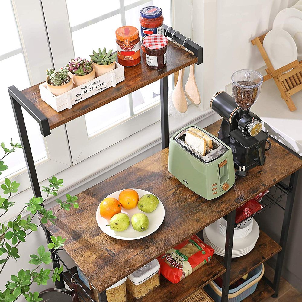 VASAGLE Raft de bucatarie, suport pentru cuptorul cu microunde, cos de sarma, 6 carlige S, 39x90x132cm, maro rustic