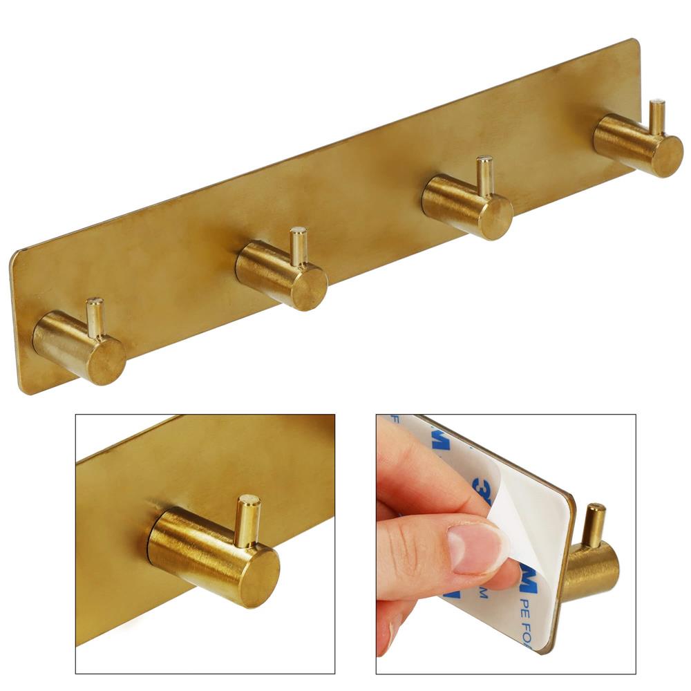 Cuier de baie pentru prosoape, montare fara gaurire, otel, 4 agatatori, 24x4.5cm, auriu