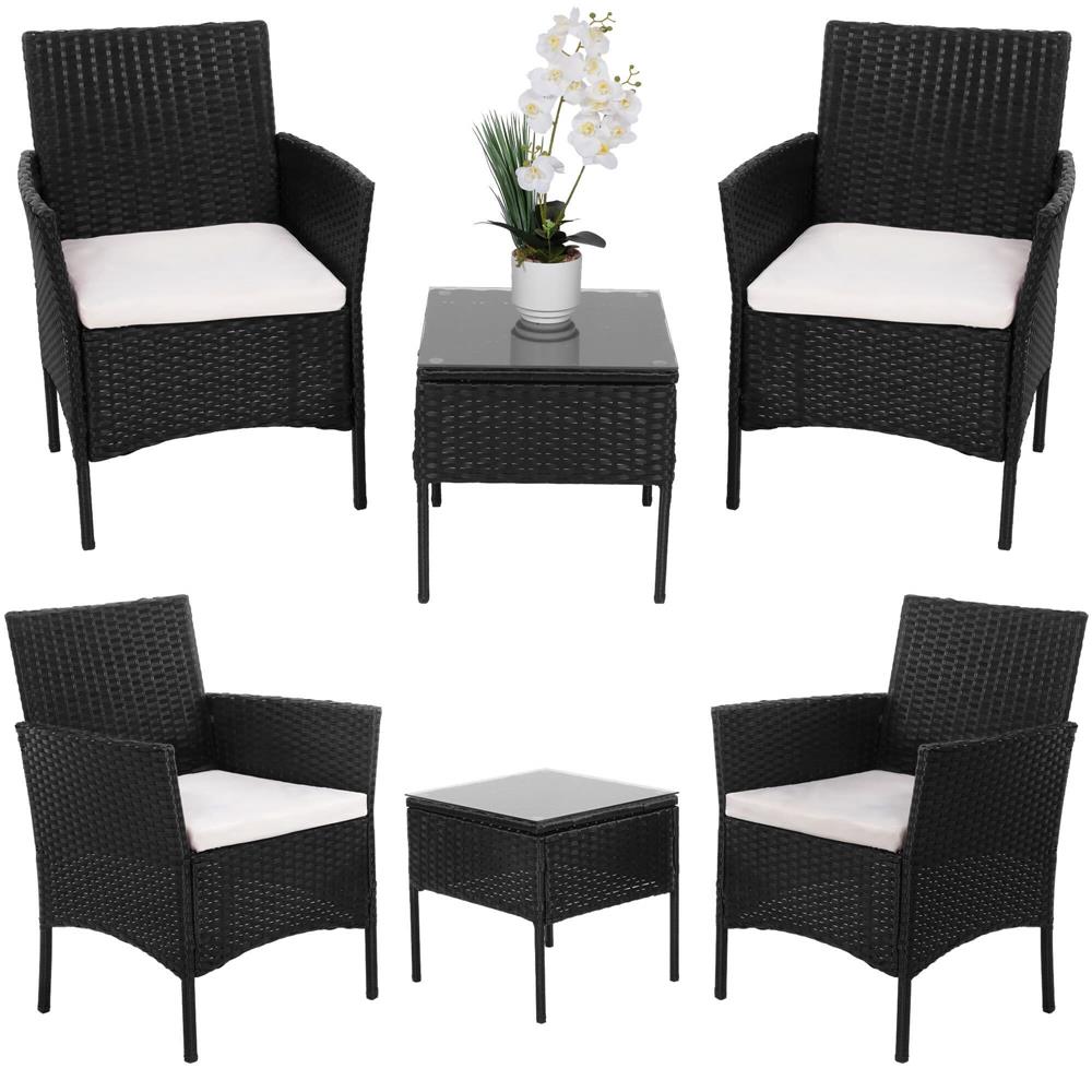 Set mobilier terasa, din tehnorattan, masa cu blat sticla securizata, 2 fotolii cu perne, negru