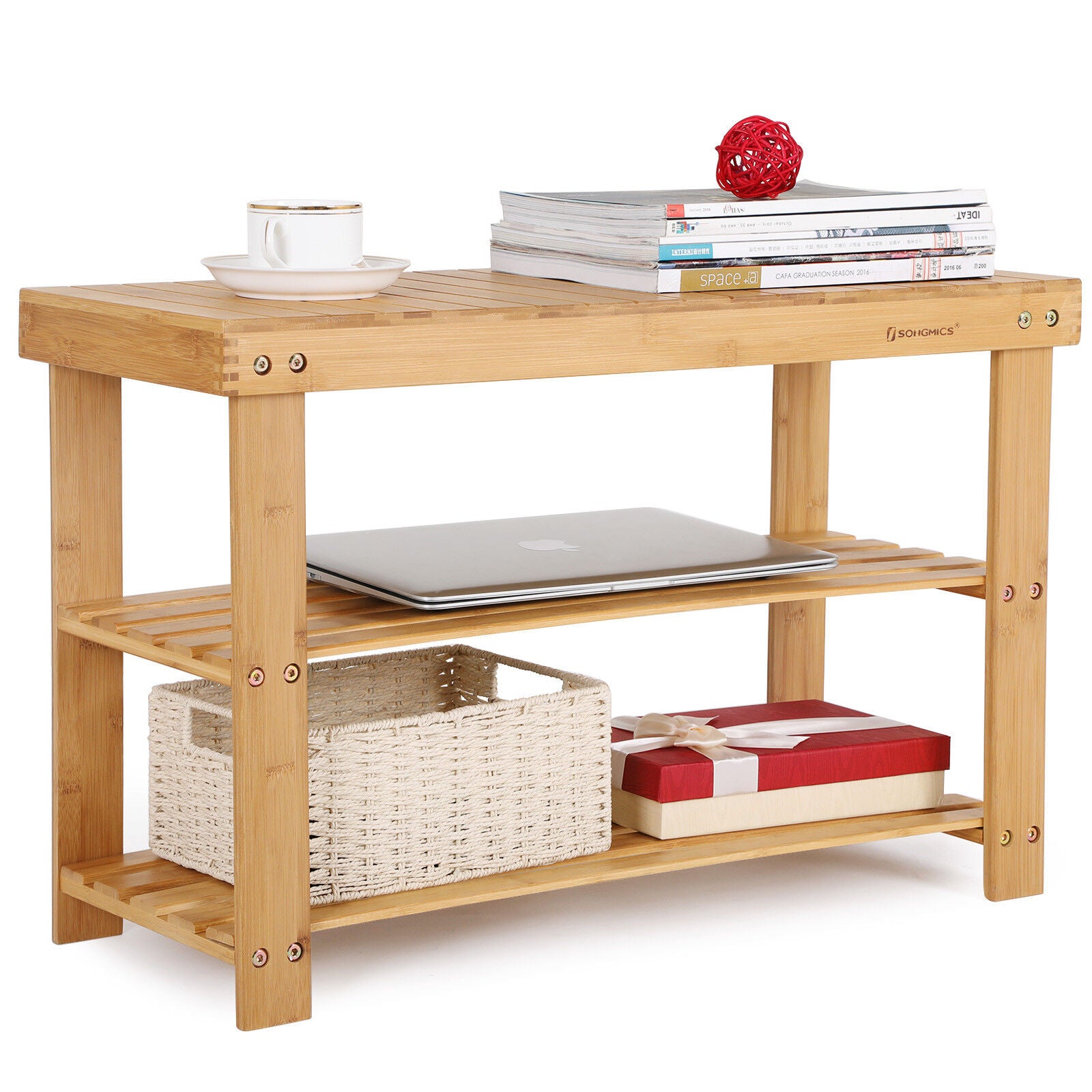 SONGMICS Raft de depozitare din bambus, cu 3 niveluri, 28x70x45cm, maro