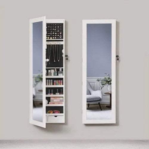 SONGMICS Dulap de bijuterii cu oglinda, montare pe perete, incuietoare, 37x10x120cm, alb