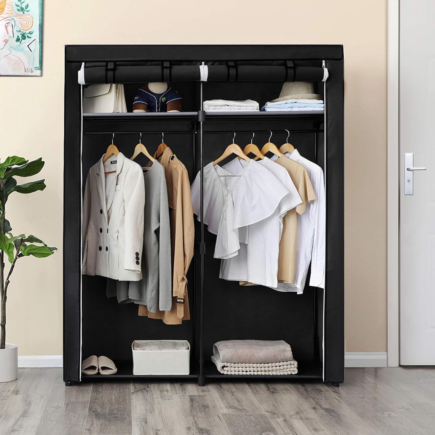 SONGMICS Garderoba pentru depozitarea hainelor, din material textil, cu 2 bare pentru umerase, 43x140x174cm, negru