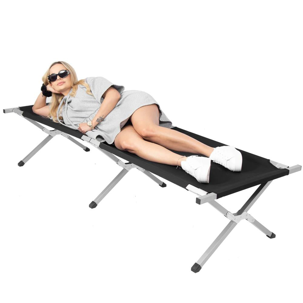 Pat pliant pentru camping, structura metalica, 190x74x42cm, 150kg, negru