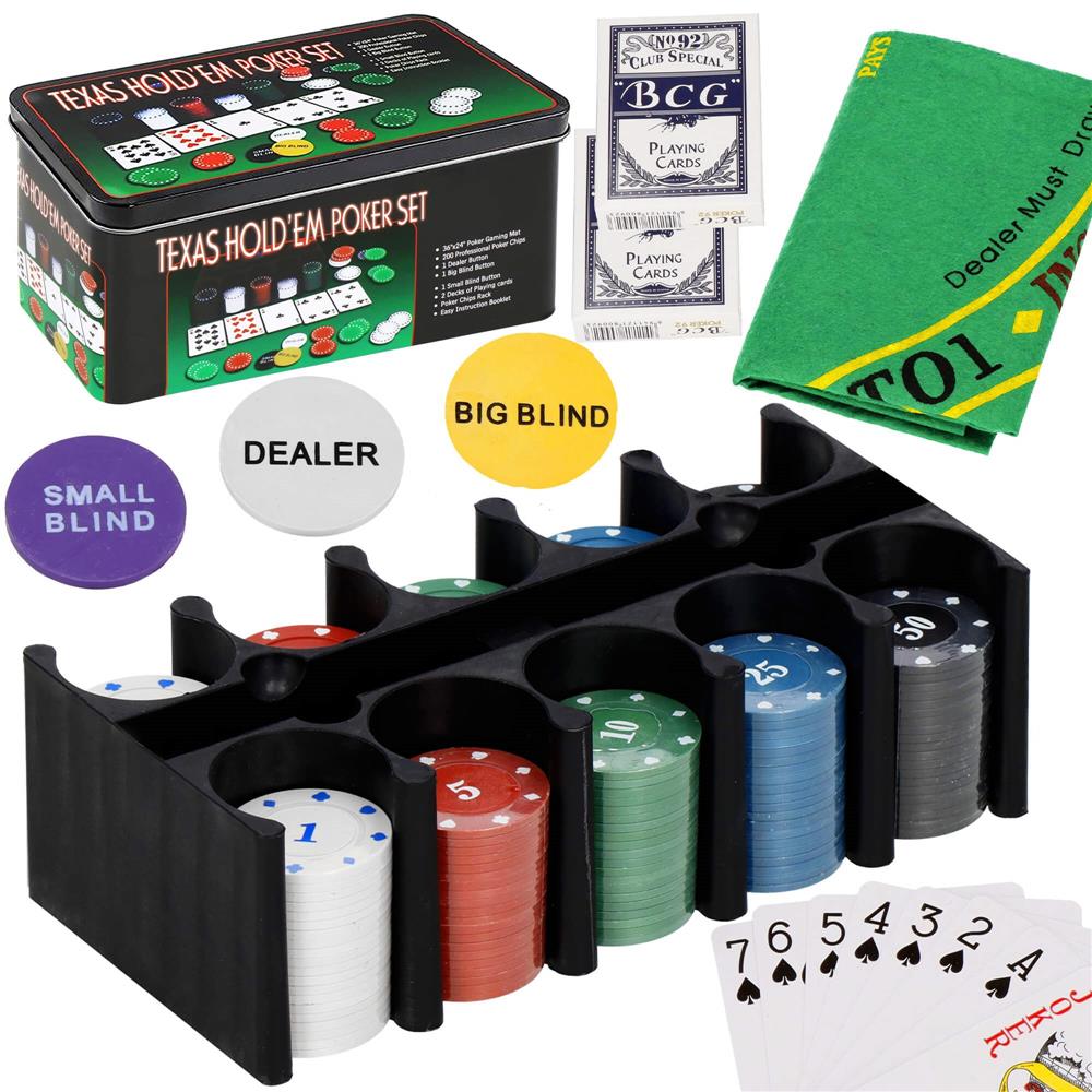 Set de Poker Complex cu 200 de jetoane, covoras verde, 2 seturi de carti, in cutie metalica