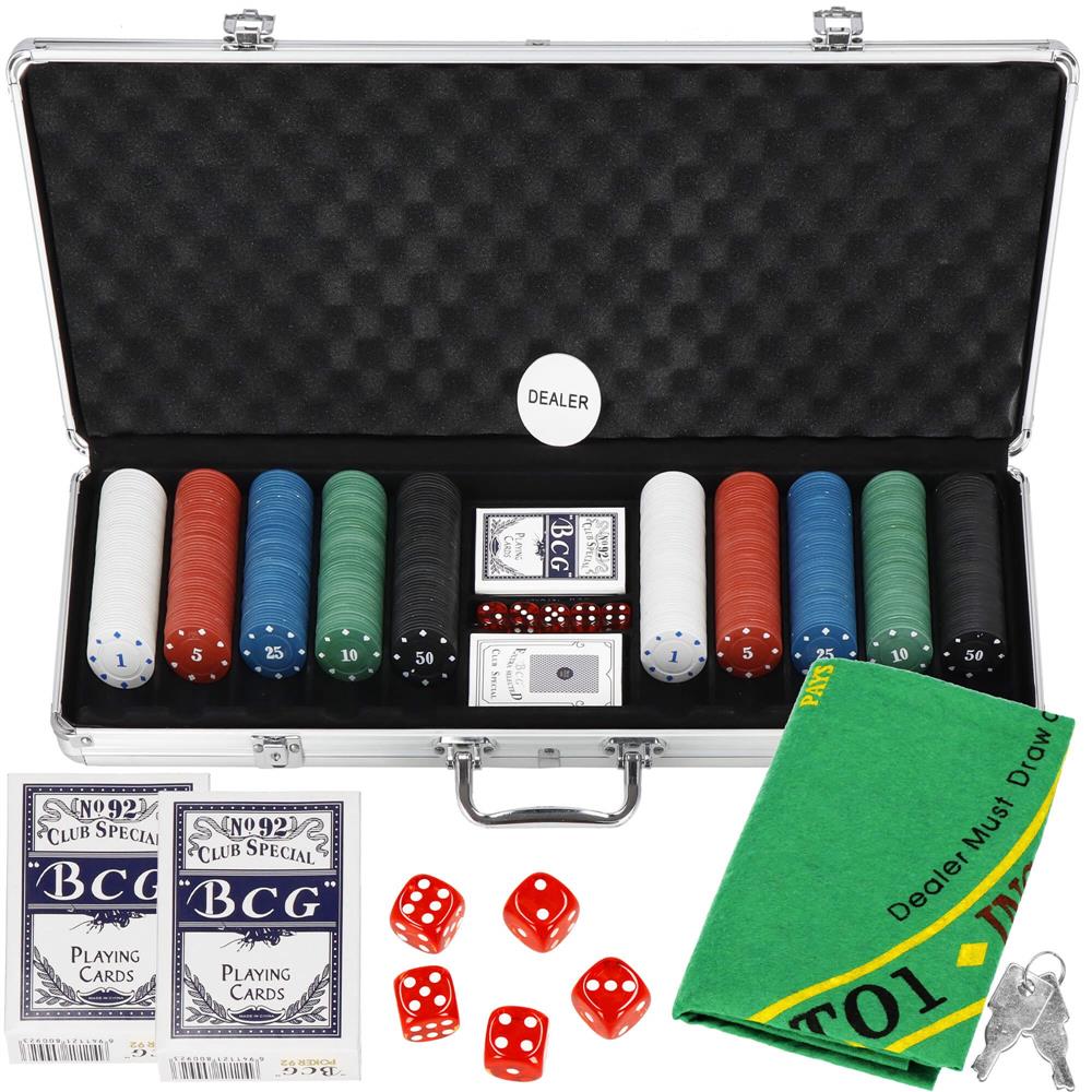 Set de Poker Complex cu 500 de jetoane, covoras verde, 2 seturi de carti, 5 zaruri, in servieta aluminiu