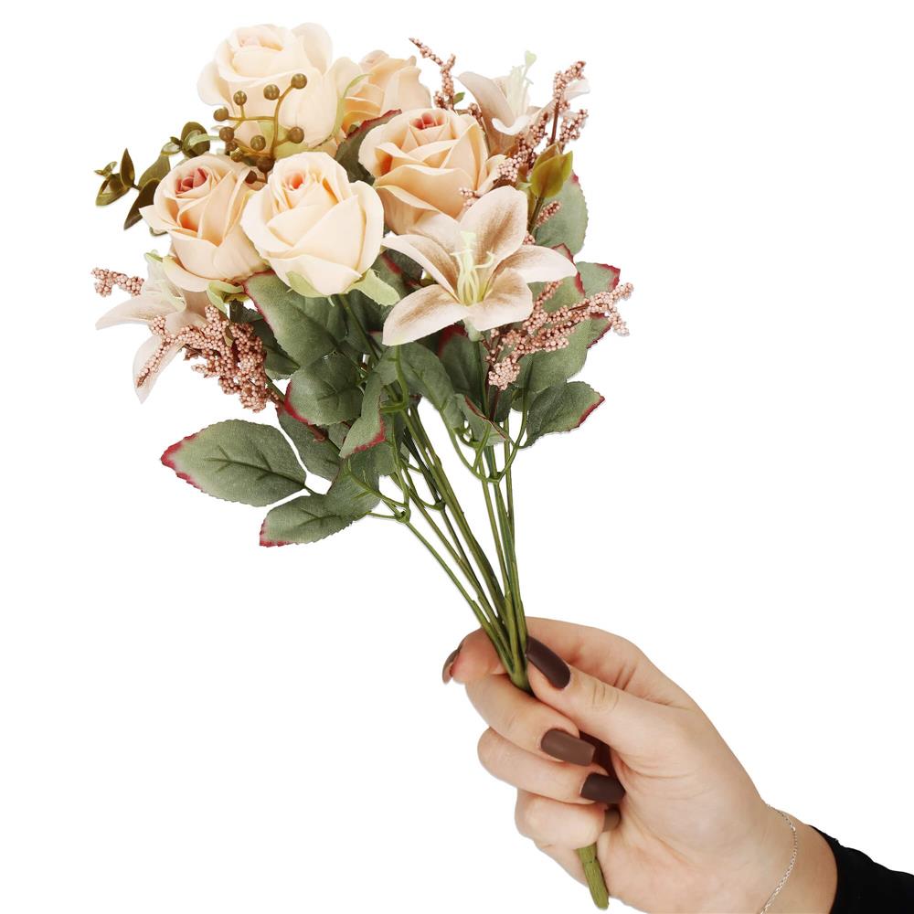Buchet de flori artificiale din poliester, 10 fire trandafiri si crini, 37cm, crem