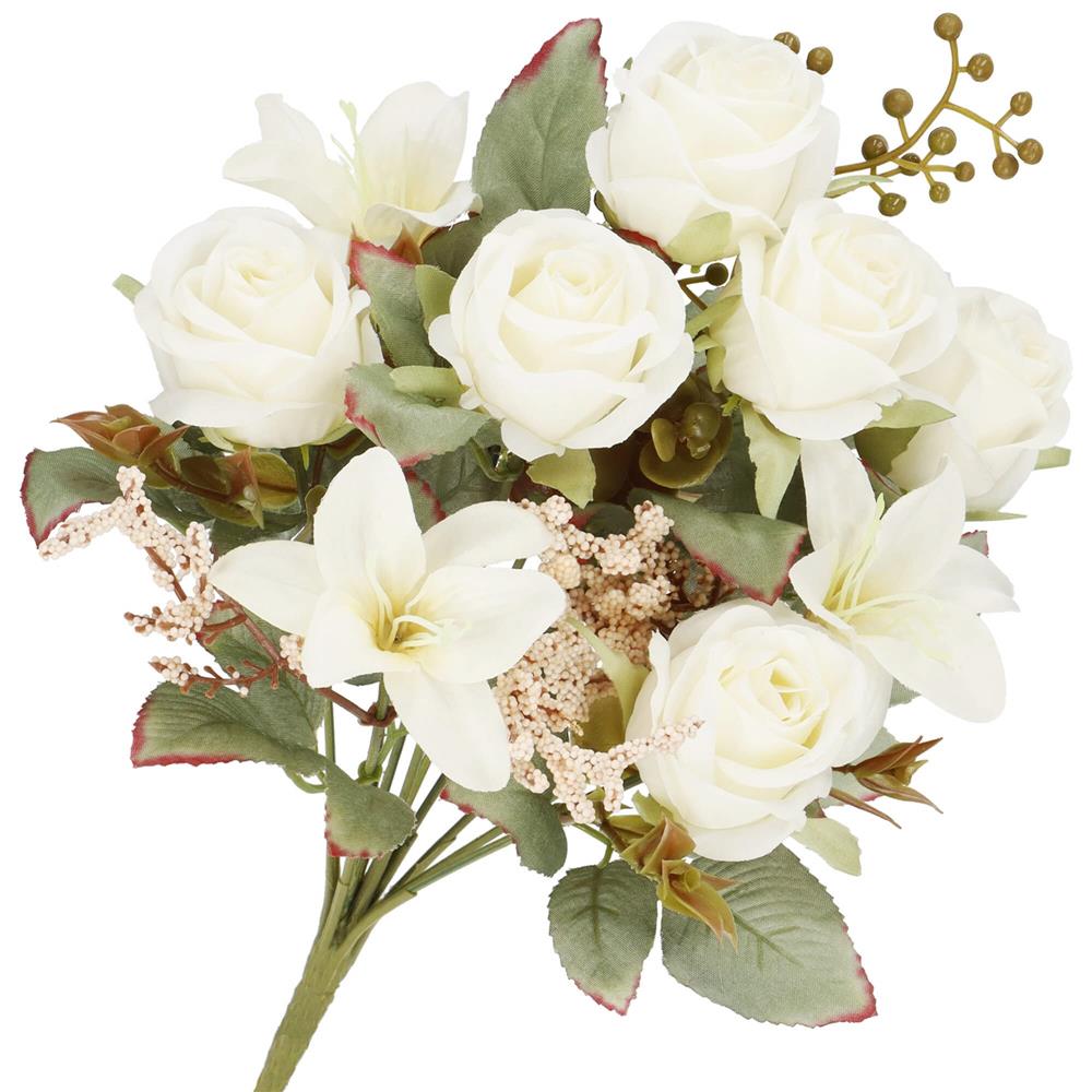 Buchet de flori artificiale din poliester, 9 fire trandafiri si crini, 37cm, alb