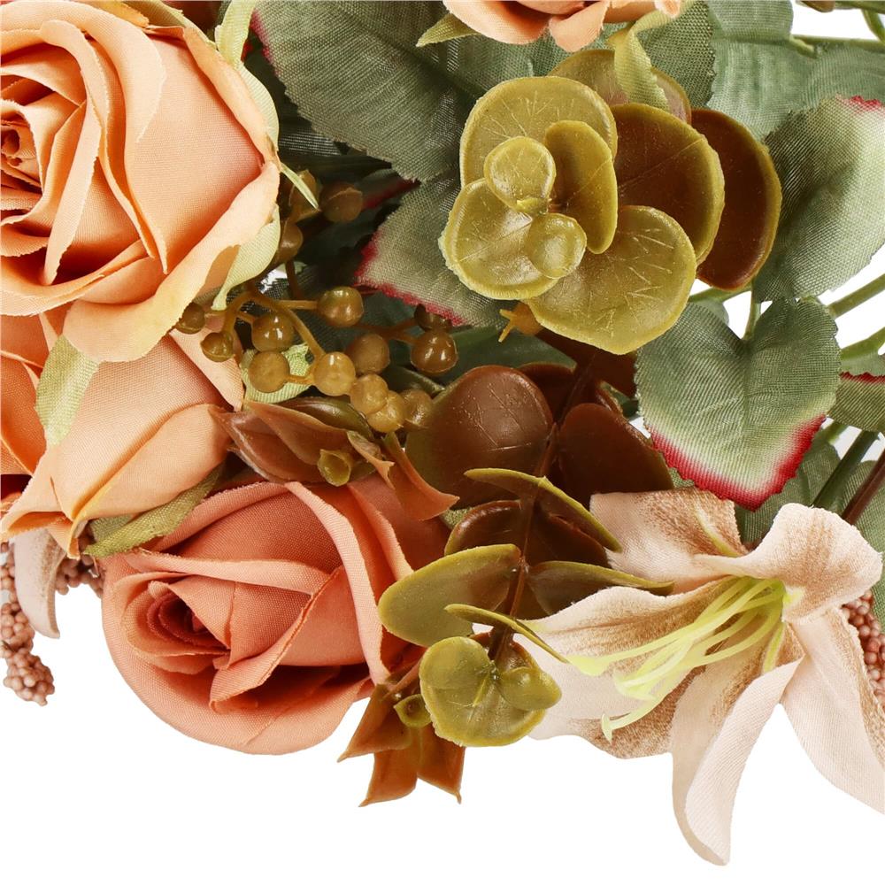 Buchet de flori artificiale din poliester, 9 fire trandafiri si crini, 37cm, roz