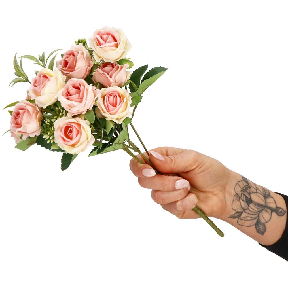 Buchet de flori artificiale din poliester, 10 fire trandafiri, 29cm, roz